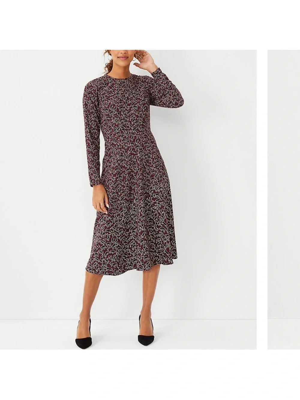 Ann Taylor Burgundy and Black Long-Sleeve Printed A-Line Dress size 14 - Picture 2 of 7